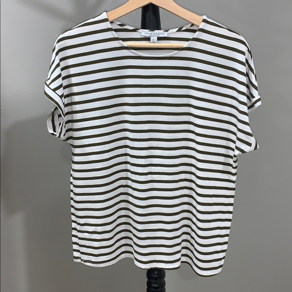Green Envelope Dark Olive Green  and White Striped Tee Size Large